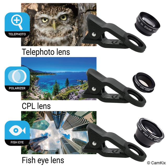 CamKix Deluxe Universal 5in1 Camera Lens Kit for Smartphone, Tablet and Laptop - Fish Eye, 2in1 Macro and Wide Angle, CPL and 2X Tele Lens, Universal - The Gadget Collective