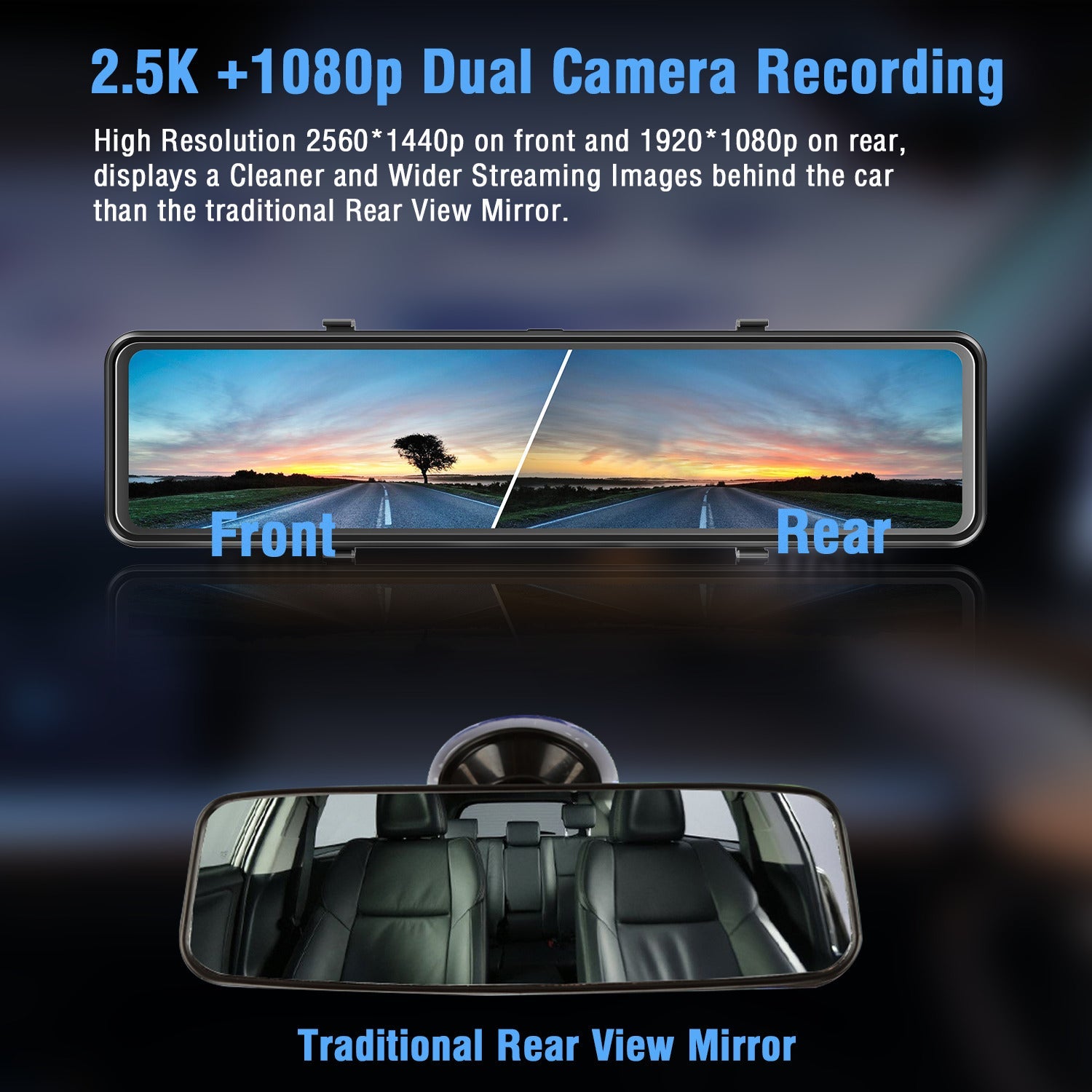 3 Cameras Dash Cam Carplay Android Auto 2.5K 2560*1440P Car Rearview Mirror  DVR