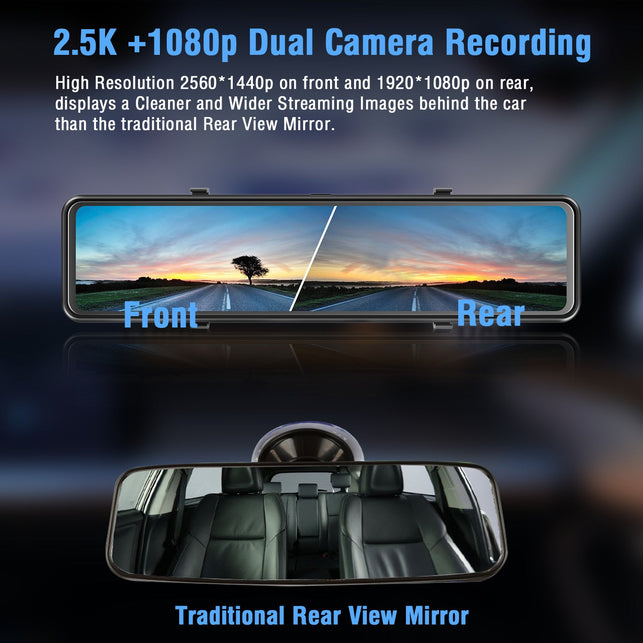 Campark R12 12" Mirror 2.5K GPS Front Rear Dual Dash Cam Car DVR Camera Night Vision - The Gadget Collective