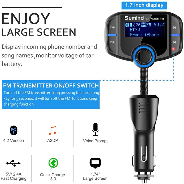 Car Adapter In-Car FM Transmitter, Wireless Radio Adapter 1.7 Inch Display, QC3.0/2.4A Dual USB Ports, AUX Output,Mp3 Player with Magnetic Mount and Plate - The Gadget Collective