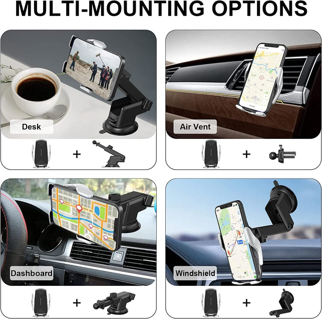 Car Phone Mount,Auto-Clamping Smart Sensor 10W Qi Fast Charging Car Front Windshield Dashboard Air Vent Phone Holder Compatible with Iphone12/12 Pro Max/Samsung S20/Note 20 All 4.7-6.7 Inch Smartphone - The Gadget Collective