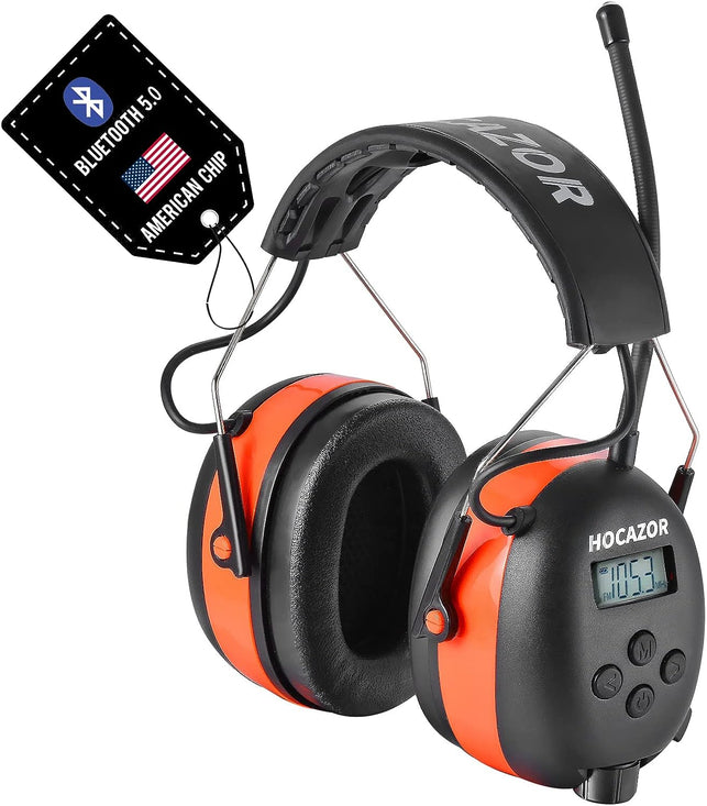 Hocazor HP033 Bluetooth AM FM Radio Headphones, 25Db NRR Hearing Protection Earmuffs with Rechargeable 2000Mah Battery for Mowing, Snowblowing, Workshops, Orange