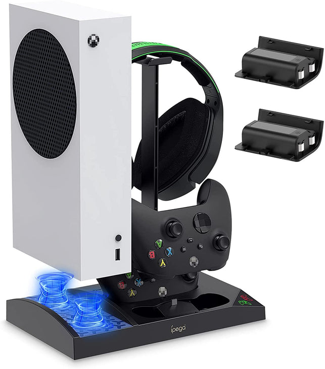 Charger Stand with Cooling Fan for Xbox Series S Console and Controller,Vertical Dual Charging Dock Accessories with 2 X 1400Mah Rechargeable Battery and Cover, Earphone Bracket for XSS - The Gadget Collective