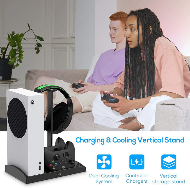 Charger Stand with Cooling Fan for Xbox Series S Console and Controller,Vertical Dual Charging Dock Accessories with 2 X 1400Mah Rechargeable Battery and Cover, Earphone Bracket for XSS - The Gadget Collective