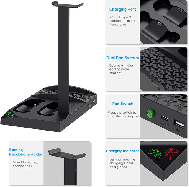 Charger Stand with Cooling Fan for Xbox Series S Console and Controller,Vertical Dual Charging Dock Accessories with 2 X 1400Mah Rechargeable Battery and Cover, Earphone Bracket for XSS - The Gadget Collective