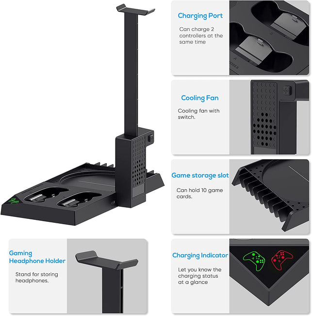 Charging Stand with Cooling Fan for Xbox Series X Console and Controller,Vertical Dual Charger Station Dock Accessories with 2 X 1400Mah Rechargeable Battery and Cover (Black) - The Gadget Collective