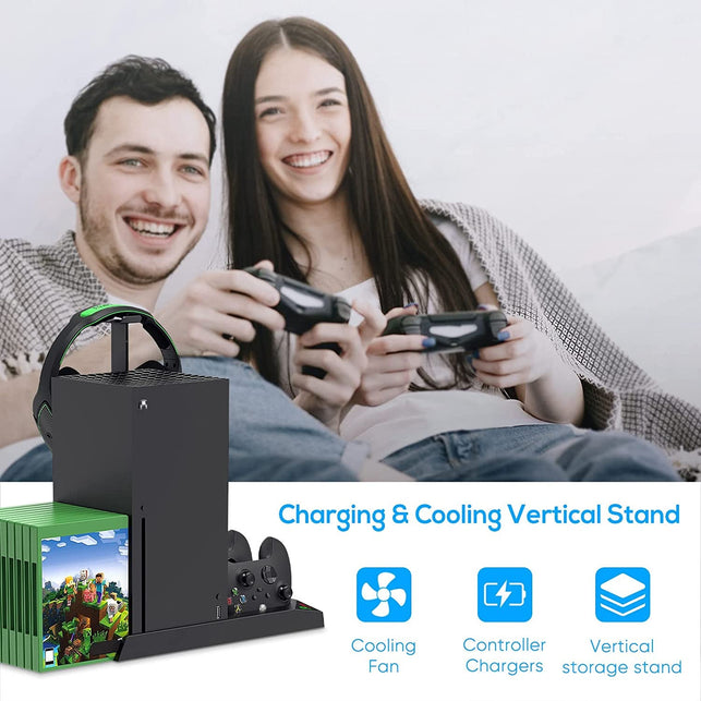 Charging Stand with Cooling Fan for Xbox Series X Console and Controller,Vertical Dual Charger Station Dock Accessories with 2 X 1400Mah Rechargeable Battery and Cover (Black) - The Gadget Collective