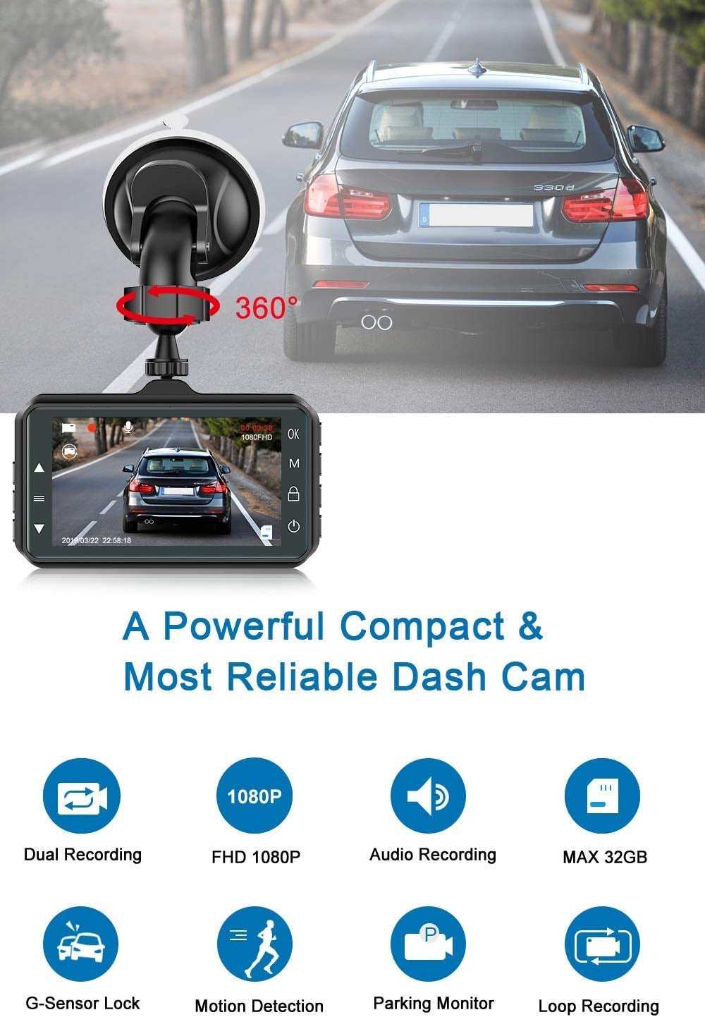ORSKEY Dash Cam 1080P FHD,170 Wide Angle WDR Camera with Night Vision and  Motion Detection 