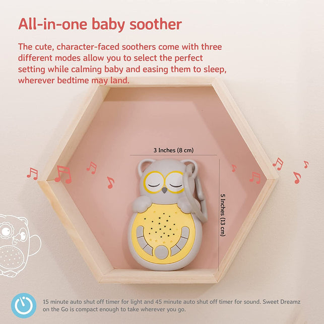 Cloud B Travel Comforting Sound Machine W/Calming Light | 4 White Noise and 4 Lullabies | Re-Activating Smart Sensor | Sweet Dreamz Grey Owl - The Gadget Collective