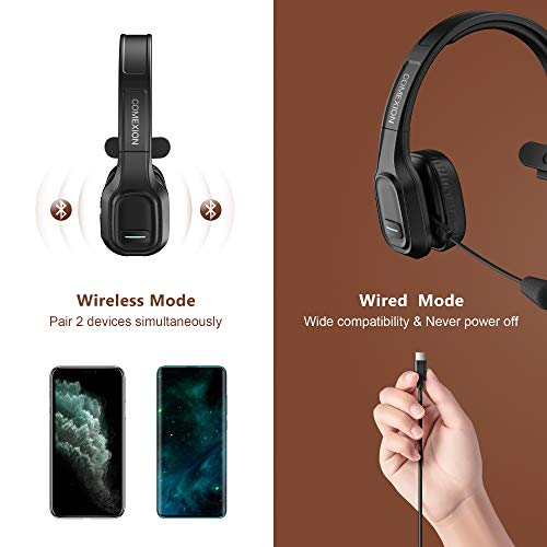 COMEXION Trucker Bluetooth Headset V5.0, Wireless Headset with Noise Canceling&Mute Microphone for Cell Phones, On Ear Bluetooth Headphone with Wireless&Wired Mode for Trucker, Home Office, Skype - The Gadget Collective