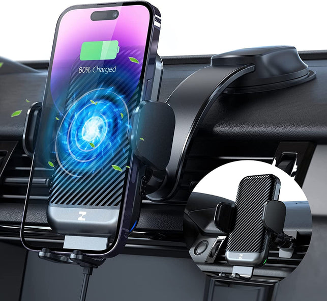 [Cooling Version] Zeehoo 15W Fast Wireless Car Charger, Auto-Clamping Car Mount, Windshield Dash Air Vent Phone Holder Cooling Charging for Iphone 14 13 12 Pro Max Mini, S22,Etc - The Gadget Collective