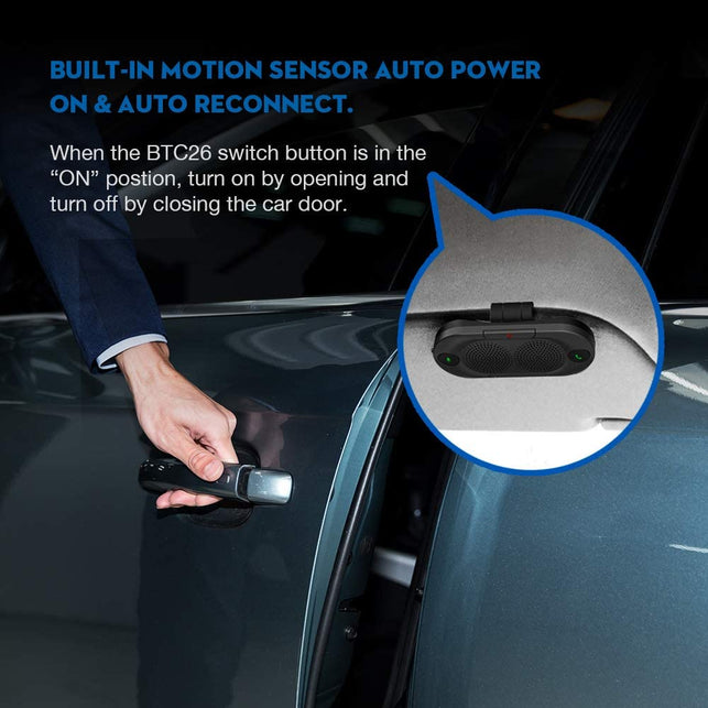 Besign BK06 Bluetooth 5.0 in Car Speakerphone with Visor Clip, Wireless Car Kit for Handsfree Talking, Motion Auto On, Siri Google Assistant Support, Dual 2W Speakers, Black