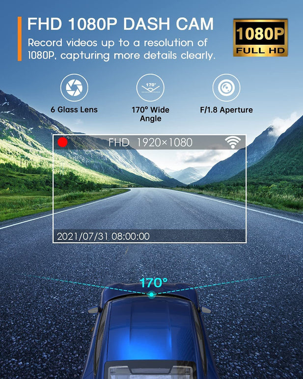 Dash Cam Wifi FHD 1080P Car Dashcam Recorder, Dashcams for Cars with SD Card Included, Night Vision, 170 Degrees Wide Angle, WDR, Loop Recording, G-Sensor, Parking Monitor, Motion Detection - The Gadget Collective