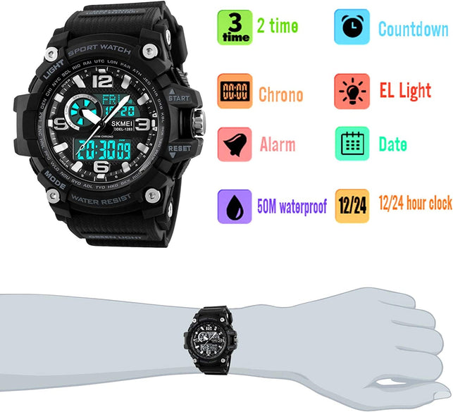 Dayllon Mens Analog Digital LED 50M Waterproof Outdoor Sport Watch Military Multifunction Casual Dual Display 12H/24H Stopwatch Calendar Wrist Watch - The Gadget Collective