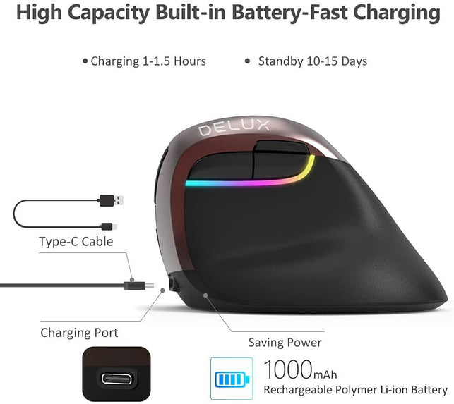 Delux Ergonomic Mouse Wireless, Rechargeable Silent Vertical Mouse with BT 5.0 and USB Receiver, 6 Buttons and 4 Gear DPI, RGB Small Ergo Mice for Laptop PC Computer (M618Mini-Jet) - The Gadget Collective