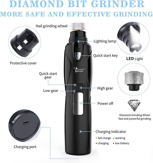 Dog Nail Grinder with Light & 2 Wheels, Low Noise More Powerful Dog Nail Clipper, Electric Pet Nail Trimmer File, Painless Paw Claw Care, Quiet USB Rechargeable Grooming Tool for L/M/S Dog/Cat/Bird - The Gadget Collective