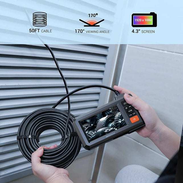 Dual Lens Endoscope with 50FT Semi-Rigid Cable, DEPSTECH 1080P Industrial Borescope Inspection Camera with Split Screen, 7.9Mm Sewer Camera with 4.3" Screen, IP67 Waterproof,7 LED Lights,Portable Case - The Gadget Collective