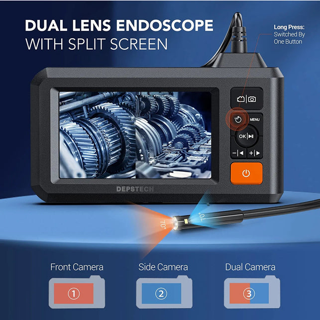 Dual Lens Endoscope with 50FT Semi-Rigid Cable, DEPSTECH 1080P Industrial Borescope Inspection Camera with Split Screen, 7.9Mm Sewer Camera with 4.3" Screen, IP67 Waterproof,7 LED Lights,Portable Case - The Gadget Collective