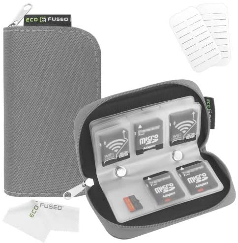 Eco-Fused Memory Card Carrying Case - Suitable for Sdhc and SD Cards - 8 Pages and 22 Slots - Microfiber Cleaning Cloth Included Grey - The Gadget Collective