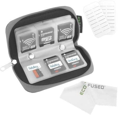 Eco-Fused Memory Card Carrying Case - Suitable for Sdhc and SD Cards - 8 Pages and 22 Slots - Microfiber Cleaning Cloth Included Grey - The Gadget Collective