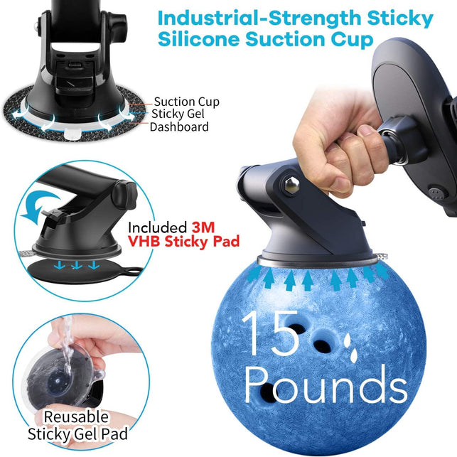 Apps2Car Suction Cup Phone Holder Windshield/Dashboard/Window, Universal Dashboard & Windshield Suction Cup Car Phone Mount with Strong Sticky Gel Pad, Compatible with Iphone, Samsung &Other Cellphone