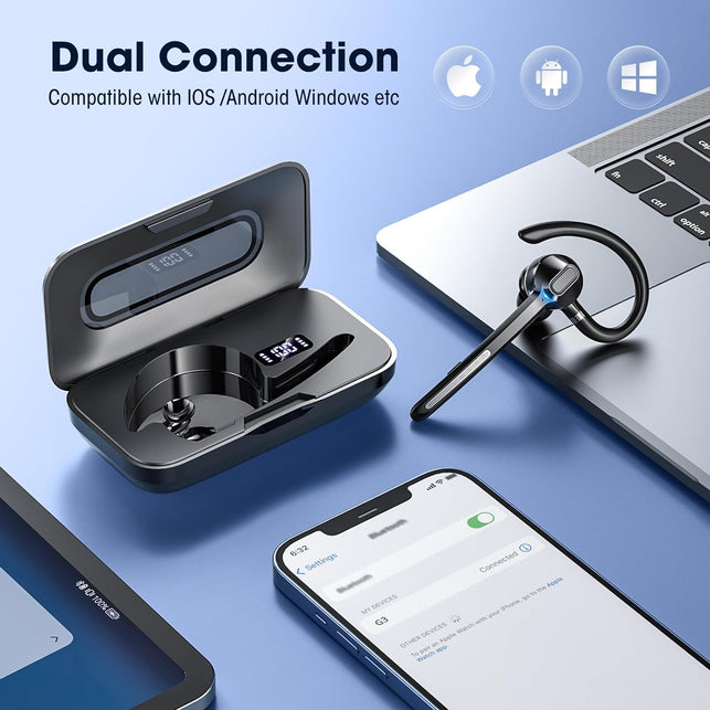 Ngsod Bluetooth Headset Wireless Earpiece with Built-In Mic 400Mah Display Charging Case 55H Playtime, V5.3 Bluetooth Earpiece for Cell Phone Computer, Hand-Free Headphones for Trucker Work