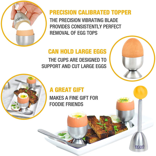 Egg Cracker Topper Set - Complete Soft Boiled Egg Tool Set - Includes Egg Cups Cutter & Spoons - Holder Cup Spoon & Peeler - Easy Eggs Opener by Eparé - The Gadget Collective