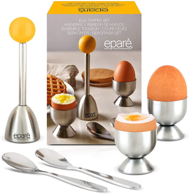 Egg Cracker Topper Set - Complete Soft Boiled Egg Tool Set - Includes Egg Cups Cutter & Spoons - Holder Cup Spoon & Peeler - Easy Eggs Opener by Eparé - The Gadget Collective