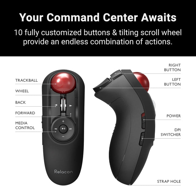 ELECOM Relacon Handheld Trackball Mouse, Thumb Control, Left Right Handed Mice, Bluetooth, 10-Button Function, Ergonomic Design, Optical Gaming Sensor, Smooth Red Ball, Windows11, Macos (M-RT1BRXBK) - The Gadget Collective