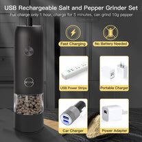 Electric Salt and Pepper Grinder Set - USB Rechargeable, LED Lights, Black Automatic Pepper and Salt Mill Grinder Set Refillable, Adjustable Coarseness, One Hand Operation (Black 2 Pack) - The Gadget Collective