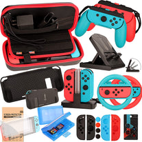 EOVOLA Accessories Kit for Nintendo Switch Games Bundle Wheel Grip Caps Carrying Case Screen Protector Controller - The Gadget Collective