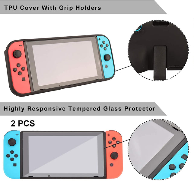 EOVOLA Accessories Kit for Nintendo Switch Games Bundle Wheel Grip Caps Carrying Case Screen Protector Controller - The Gadget Collective