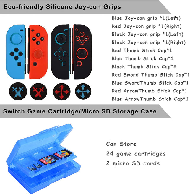 EOVOLA Accessories Kit for Nintendo Switch Games Bundle Wheel Grip Caps Carrying Case Screen Protector Controller - The Gadget Collective