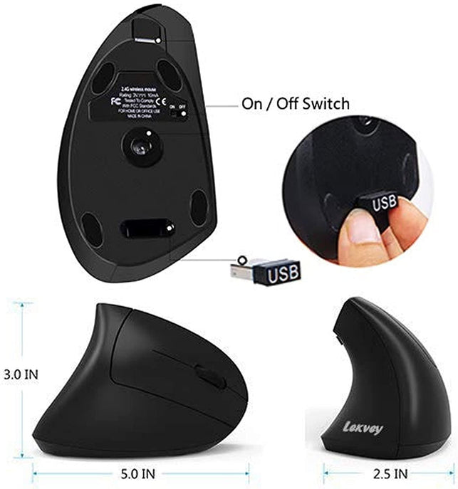 Ergonomic Mouse, LEKVEY Vertical Wireless Mouse - Rechargeable 2.4Ghz Optical Vertical Mice : 3 Adjustable DPI 800/1200/1600 Levels 6 Buttons, for Laptop, PC, Computer, Desktop, Notebook Etc, Black - The Gadget Collective