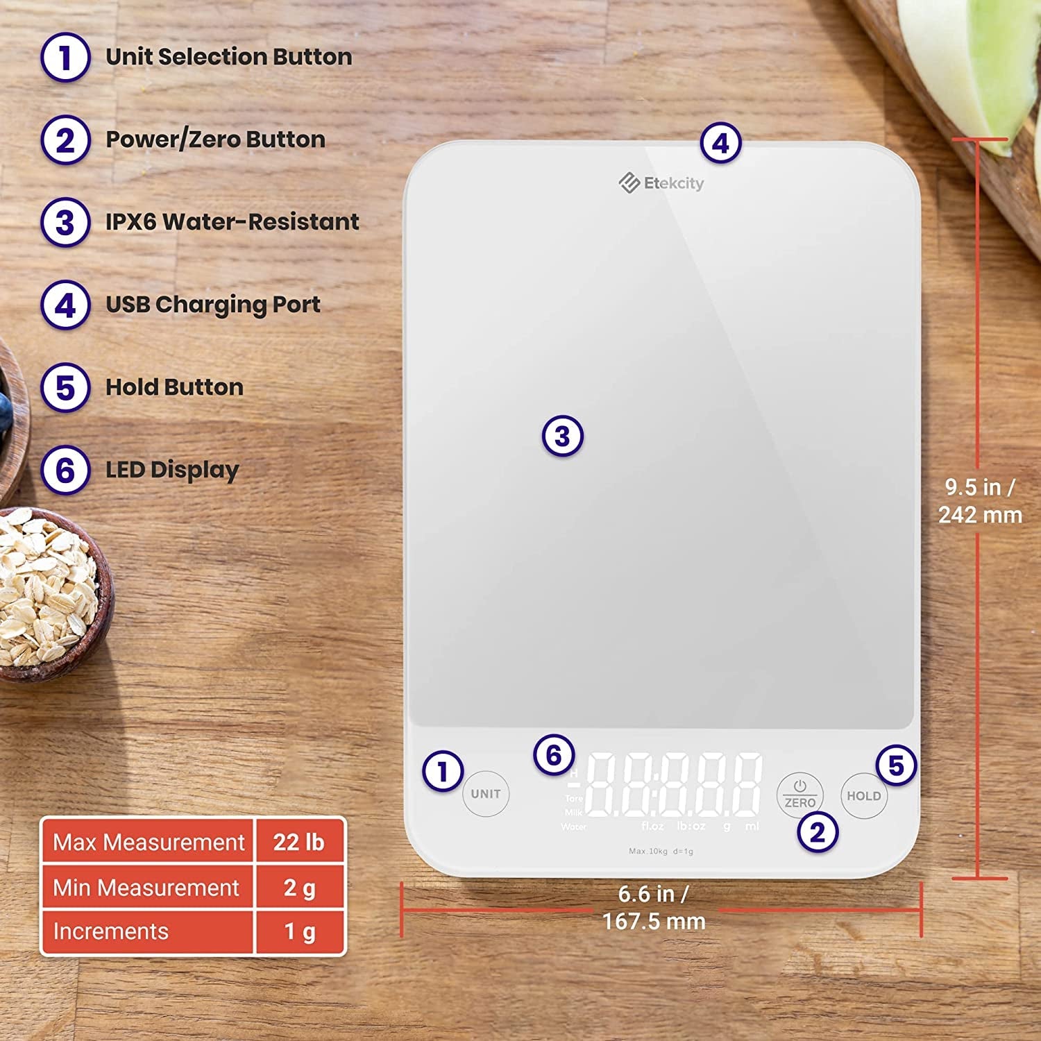 Etekcity Luminary 22lb Food Kitchen Digital Scale for Weight Loss, Ipx6 Waterproof, Rechargeable, Ounces and Grams for Cooking Baking, 0.05oz/1g