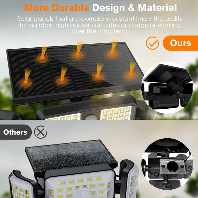 Solar Lights Outdoor, 3 Head Solar Motion Lights Outdoor with 2500LM 232 Leds High Brightness, Built-In Bigger Tempered Glass Solar Panel, Sensitive PIR Motion Inductor(2-Pack)