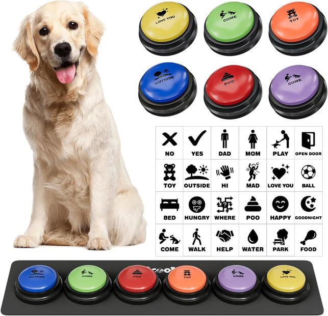 Dog Buttons for Communication, 6 Pcs Dog Talking Button Set, 30S Voice Recordable Pet Training Buzzer, Speaking Buttons for Cats & Dogs with Waterproof Dog Activity Mat and 24 Scene Stickers