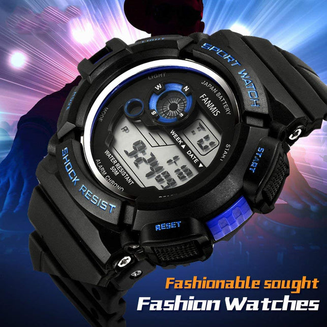 Fanmis Mens Military Multifunction Digital LED Watch Electronic Waterproof Alarm Quartz Sports Watch Blue - The Gadget Collective