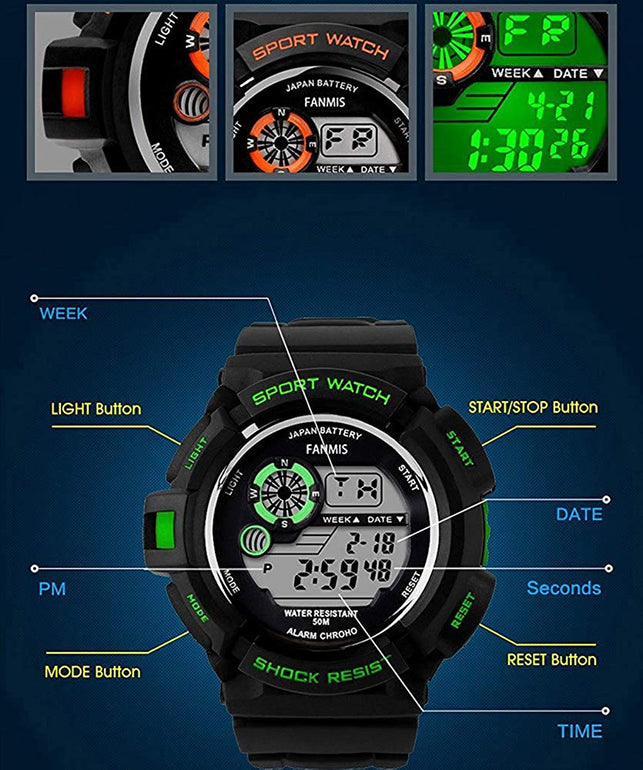 Fanmis Mens Military Multifunction Digital LED Watch Electronic Waterproof Alarm Quartz Sports Watch Blue - The Gadget Collective