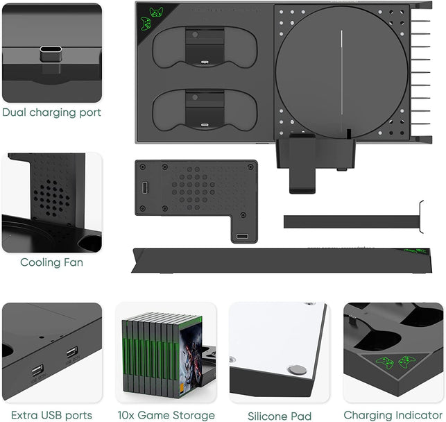 FASTSNAIL Vertical Stand Cooling Fan for Xbox Series X with 2 Pack 1400Mah Rechargeable Batteries, Charging Station for Xbox Series X/S Controller with Game Slot and Headset Stand-Not for Xbox One S/X - The Gadget Collective