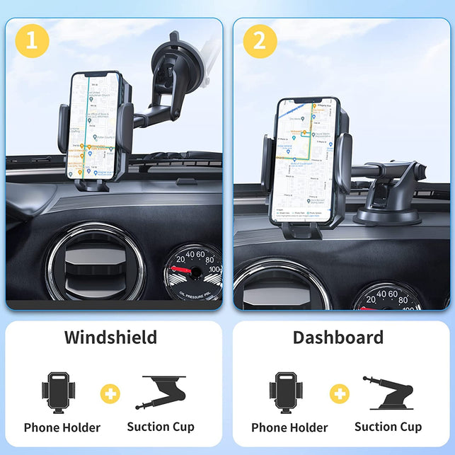 FBB Phone Mount for Car, [ Off-Road Level Suction Cup Protection ] 3In1 Long Arm Suction Cup Holder Universal Cell Phone Holder Mount Dashboard Windshield Vent Compatible with All Smartphones - The Gadget Collective