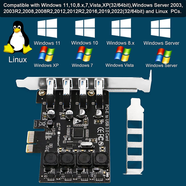 Febsmart PCIE 4-Ports Superspeed 5Gbps USB 3.0 Expansion Card for Windows 11, 10, 8.X, 7, Vista, XP Desktop Pcs, Built in Febsmart Self-Powered Technology, No Need Additional Power Supply (Fs-U4L-Pro) - The Gadget Collective