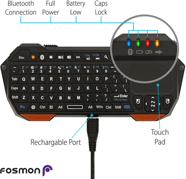 Fosmon Mini Bluetooth Keyboard (QWERTY Keypad), Wireless Portable Lightweight with built-in Touchpad, works with Apple TV, PS4, Smartphones and more - The Gadget Collective