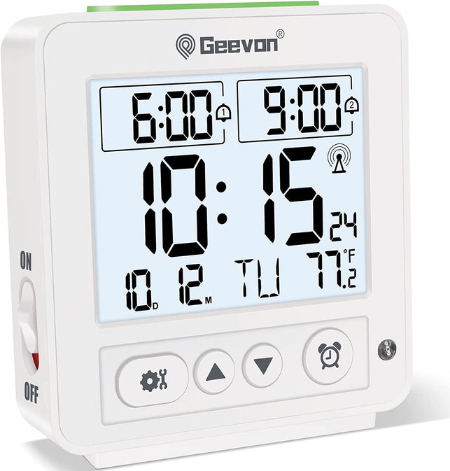 Geevon Small Atomic Travel Alarm Clock with Auto/8S Backlight, 2 Alarm Settings, Temperature, Increasing Beep Sounds Digital Atomic Travel Clock Battery Operated for Bedroom, Bedside - The Gadget Collective