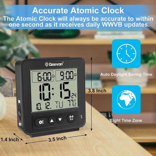 Geevon Small Atomic Travel Alarm Clock with Auto/8S Backlight, 2 Alarm Settings, Temperature, Increasing Beep Sounds Digital Atomic Travel Clock Battery Operated for Bedroom, Bedside - The Gadget Collective