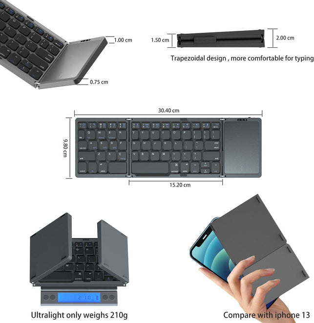 Gimibox Foldable Bluetooth Keyboard with Full Touchpad, Pocket Size Bluetooth 5.1 Keyboard for Android, Windows, PC, Tablet, Type-C Rechargeable Li-Ion Battery-Dark Gray (Touchpad) - The Gadget Collective