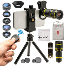 Godefa Cell Phone Camera Lens with Tripod+ Shutter Remote,6 in 1 18x Telephoto Zoom Lens/Wide Angle/Macro/Fisheye/Kaleidoscope/CPL, Clip-On lense Comp - The Gadget Collective