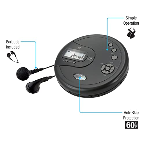 GPX PC332B Portable CD Player with Anti-Skip Protection, FM Radio and Stereo Earbuds - Black - The Gadget Collective