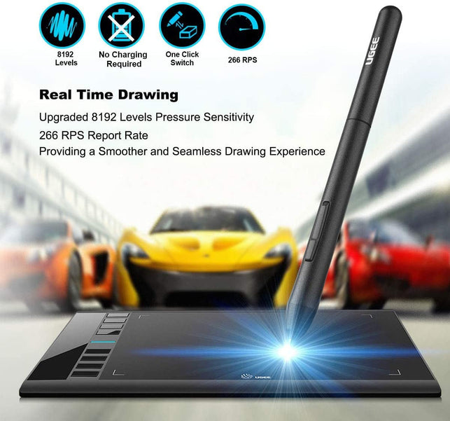 Graphics Drawing Tablet, UGEE M708 10 X 6 Inch Large Drawing Tablet with 8 Hot Keys, Passive Stylus of 8192 Levels Pressure, UGEE M708 Graphics Tablet for Paint, Design, Art Creation Sketch - The Gadget Collective