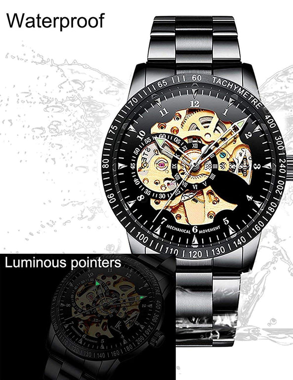 Gute Casual Mens Black Steel Skeleton Automatic Mechanical Coated Glass Wristwatch - The Gadget Collective